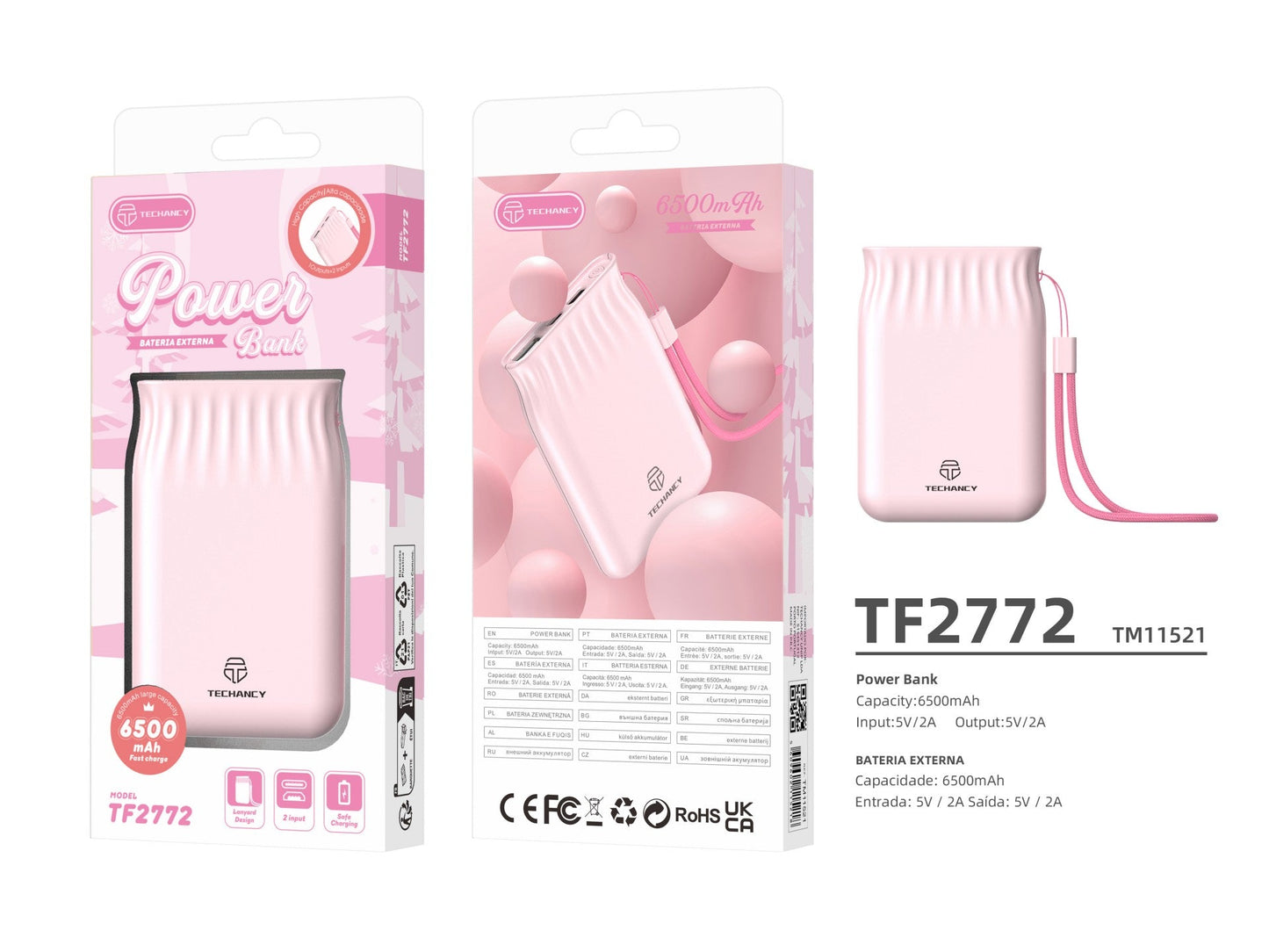 Techancy 6500mah Power Bank Rosa TF2772,Carregamento De Telemóvel/Tablet Compatível Com 2A, Fonte De Alimentação Portátil